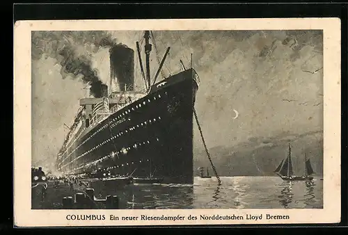 Künstler-AK Riesendampfer Columbus beleuchtet im Hafen