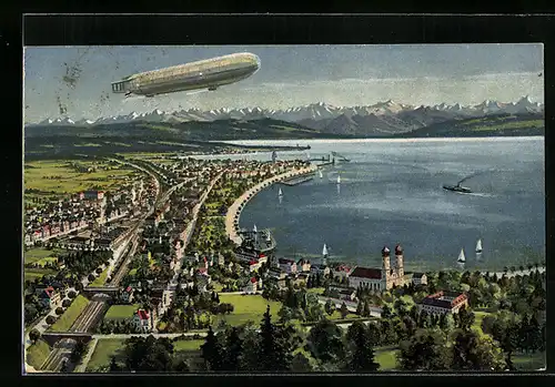 Künstler-AK Friedrichshafen, Zeppelin über dem Bodensee