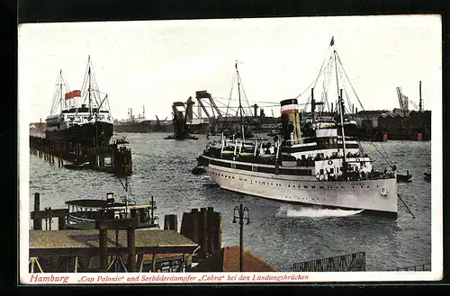 AK Hamburg, Passagierschiffe Cap Polonio und Cobra bei den Landungsbrücken