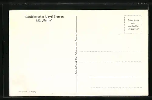 Künstler-AK Passagierschiff MS Berlin, Dampfer der Norddeutschen Lloyd