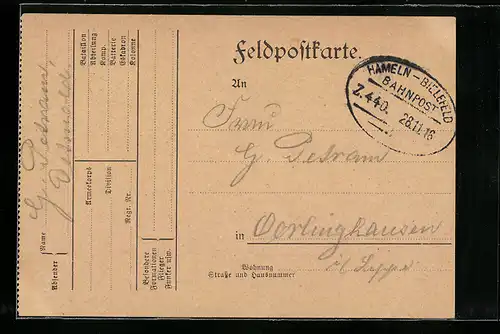 AK Bahnpoststempel Hameln-Bielefeld, Zug 440