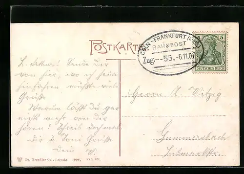 AK Bahnpoststempel Cöln-Frankfurt /Main, Zug 55