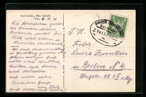 AK Bahnpoststempel Singen-Offenburg, Zug 1411