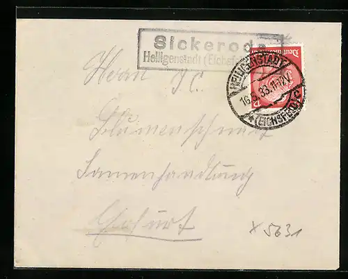 Briefumschlag Landpoststempel Sickerode, Heiligenstadt /Eichsfeld