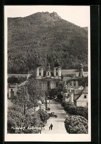 AK Haindorf /Sudeten, Ortspartie mit Wallfahrtskirche