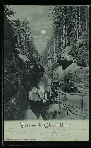 Mondschein-AK Edmundsklamm, Ortspartie mit Kahn