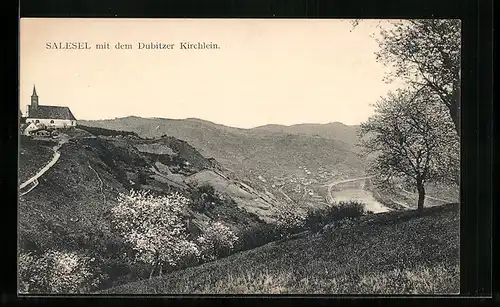 AK Salesel / Dolni Zalezly, Ortsausblick mit Dubitzer Kirchlein
