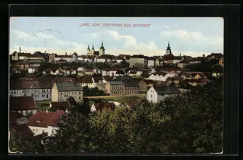 AK Saaz, Ortsansicht vom Stadtpark aus