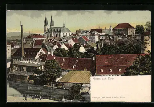AK Eger, Teilansicht mit Fluss und Kirche aus der Vogelschau