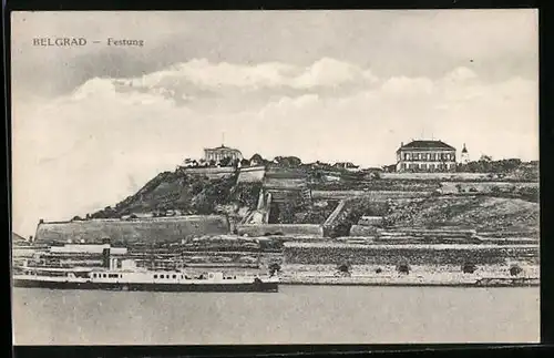 AK Belgrad, Festung mit Dampfer aus der Vogelschau