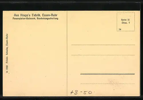 AK Essen /Ruhr, Krupp`s Fabrik, Panzerplatten-Walzwerk, Bearbeitungsabteilung mit Fabrikarbeitern