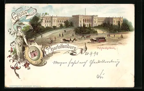 Lithographie Berlin-Charlottenburg, Polytechnikum mit Pferdebahn und Wappen