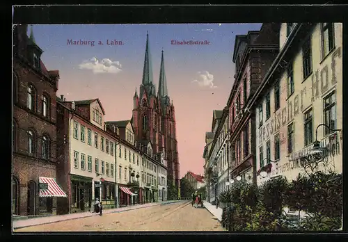 AK Marburg a. Lahr, Elisabethstrasse mit Gasthaus Hessischer Hof und Kirche