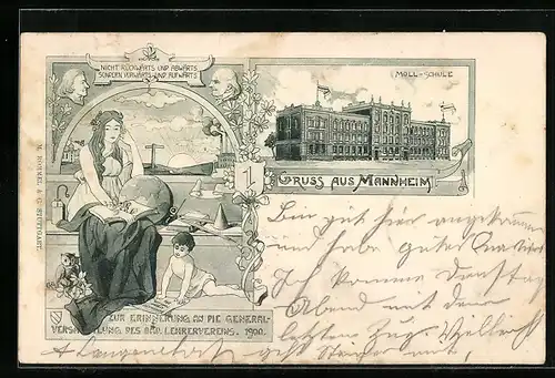 Lithographie Mannheim, Moll-Schule, Generalversammlung des Lehrervereins 1900, Lesende mit Kind