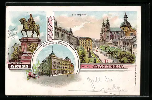 Lithographie Mannheim, Blick auf Schillerplatz, Kaiserliches Postamt, Denkmal Kaiser Wilhelm I.