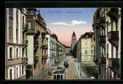 AK Mannheim, Waldparkstrasse mit Strassenbahn