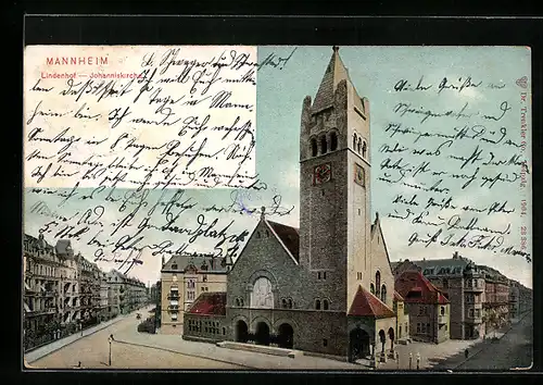 AK Mannheim, Lindenhof - Johanniskirche mit Strasse aus der Vogelschau