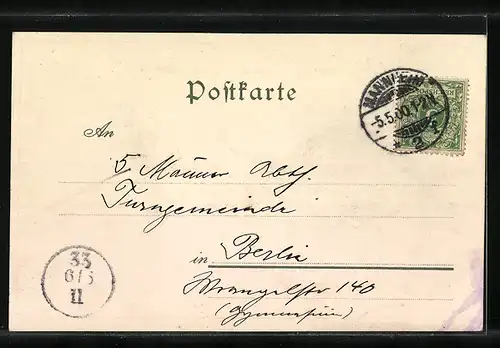 Lithographie Mannheim, Neckarbrücke mit Blick auf die Stadt