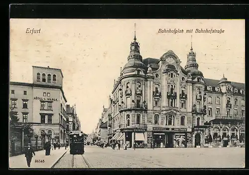 AK Erfurt, Bahnhofsplatz mit Bahnhofstrasse, Hotel Silber und Strassenbahn