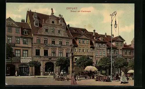 AK Erfurt, Cafe Roland am Fischmarkt, mit Marktständen