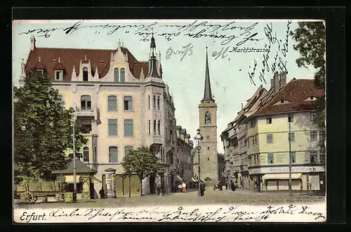 AK Erfurt, Marktstrasse mit Geschäft, Kirche und Litfasssäule