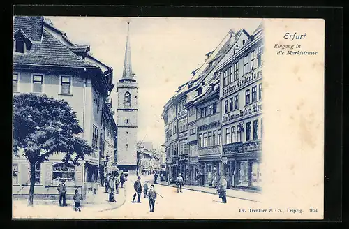 AK Erfurt, Eingang in die Marktstrasse, mit Passanten und Kirche