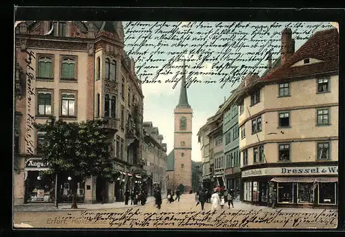 AK Erfurt, Marktstrasse mit Kirche, Passanten und Geschäften