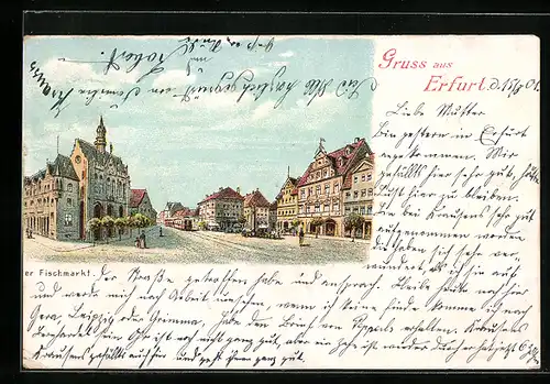 Lithographie Erfurt, Fischmarkt mit Strassenbahn