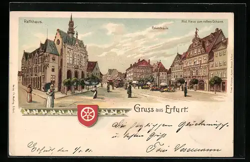 Lithographie Erfurt, Marktplatz mit Rathaus, Rolandsäule und Hist. Gasthaus zum rothen Ochsen