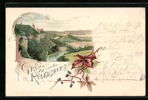 Lithographie Rudelsburg, Flusspartie mit Rudelsburg