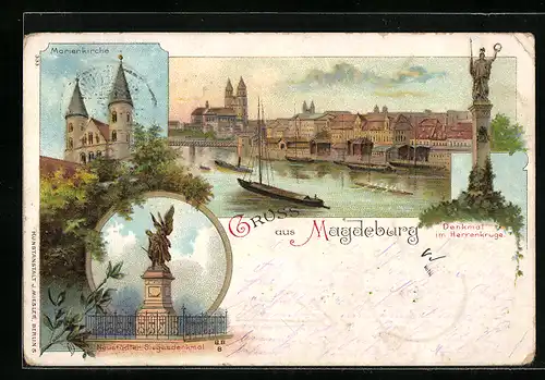 Lithographie Magdeburg, Marienkirche, Denkmal im Herrenkruge, Neustädter Siegesdenkmal, Panorama