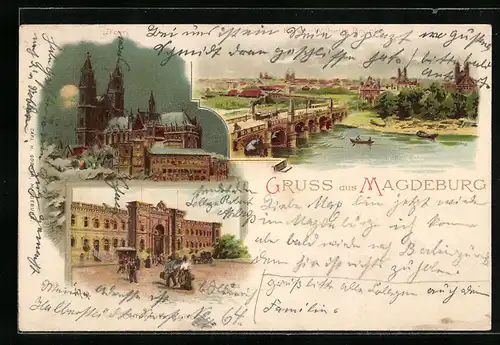 Lithographie Magdeburg, Dom, Centralbahnhof, Kaiser-Wilhelm-Brücke