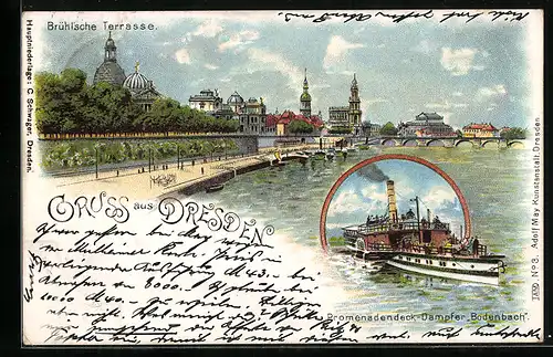 Lithographie Dresden, Brühlsche Terrasse, Promenadeneck-Dampfer Bodenbach