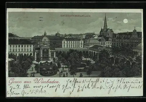 Lithographie Wiesbaden, Die Kochbrunnenanlage im Mondschein