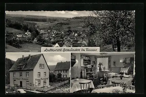 AK Gemünden /Taunus, Gasthaus u. Pension Zum Burghof, Bes. W. Burk, Gesamtansicht