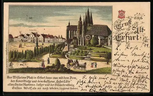 Lithographie Erfurt, Der Wilhelms-Platz mit Dom, Severikirche und Gasthaus Hohe Lilie