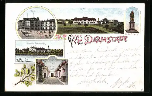 Lithographie Darmstadt, Blick auf Meierei, Post, Schloss Kranichstein, Landgraf-Statue, Hirschgalerie
