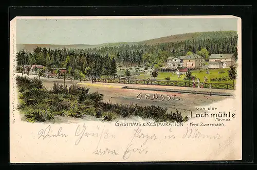 Lithographie Wehrheim / Taunus, Teilansicht mit Gasthaus Lochmühle