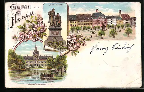 Lithographie Hanau, Grimm-Denkmal, Schloss-Philippruhe