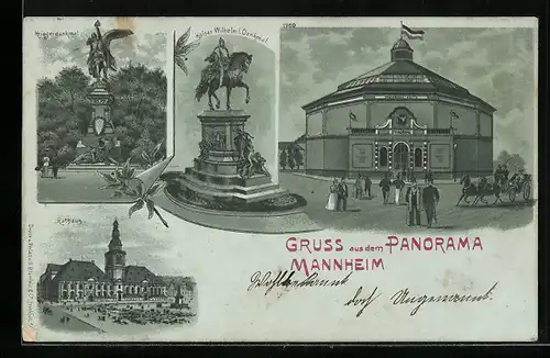 Lithographie Mannheim, Kaiser Wilhelm I. Denkmal, Kriegerdenkmal, Rathaus