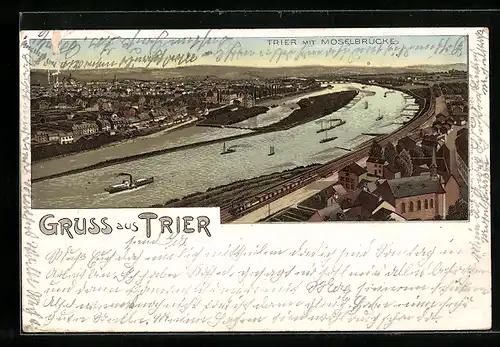 Lithographie Trier, Ortsansicht mit Moselbrücke