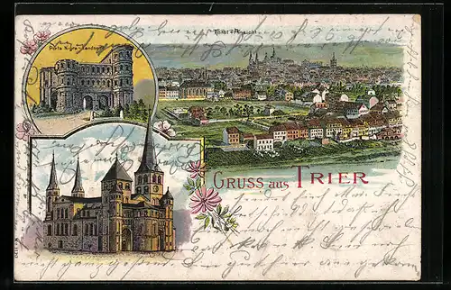 Lithographie Trier, Porta Nigra, Dom, Gesamtansicht