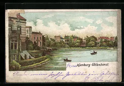 Lithographie Hamburg-Uhlenhorst, Ruderboote auf dem Feenteich mit Gebäudeansicht