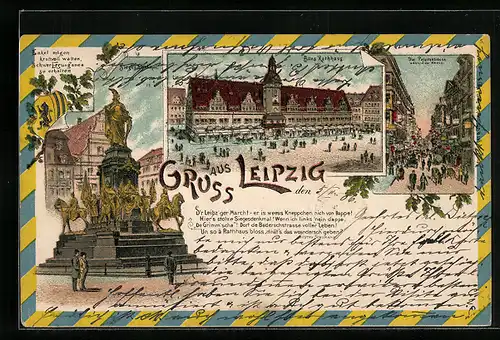Lithographie Leipzig, Rathaus und Sieges-Denkmal