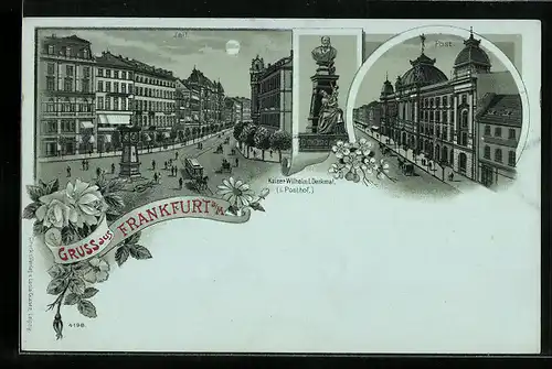 Lithographie Frankfurt a. M., Kaiser Wilhelm I. Denkmal, Post, Zeil