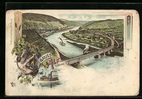 Lithographie Alf /Mosel, Dampfer und Brücke beim Ort, Gesamtansicht