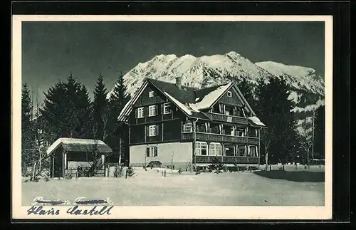 AK Oberstdorf, Ansicht der Pension Tanneck im Winter