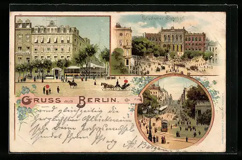 Lithographie Berlin-Tiergarten, Cafe Josty, Potsdamer Bahnhof, Strassenbahn