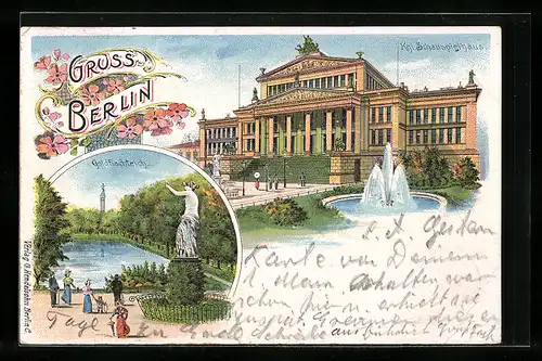 Lithographie Berlin, Kgl Schauspeilhaus am Gendarmenmarkt, Goldfischteich mit Denkmal