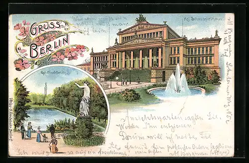 Lithographie Berlin, Kgl Schauspeilhaus am Gendarmenmarkt, Goldfischteich mit Denkmal